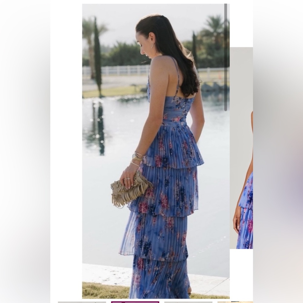 Astr Daytona Pleated Floral Tiered Maxi Dress in Blue & Pink Small $180-